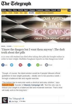 Subodh Gupta comments in Telegraph UK on Obesity and weight loss